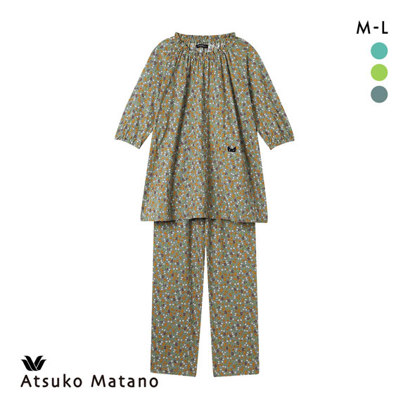 ワコール マタノアツコ 7分袖 パジャマ 上下セット 小花 ねこ 綿100％ ルームウェア Wacoal ATSUKO MATANO