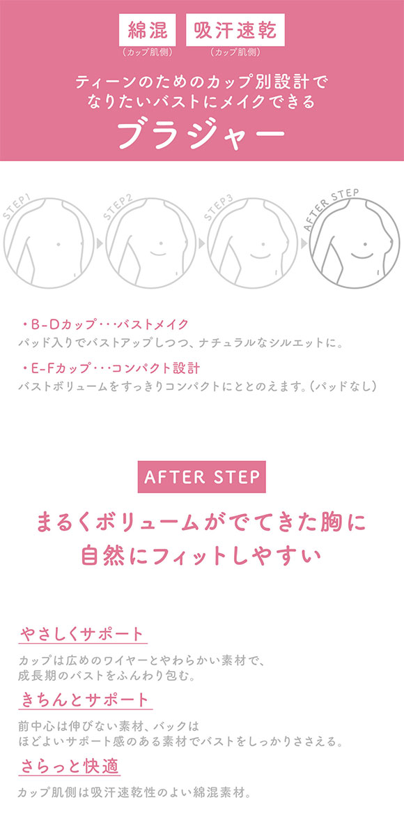 ワコール ウイング ティーン ジュニアブラジャー BCDEF ワイヤー入り カップ別設計 大きいサイズ Wacoal Wing teen AFTER STEP