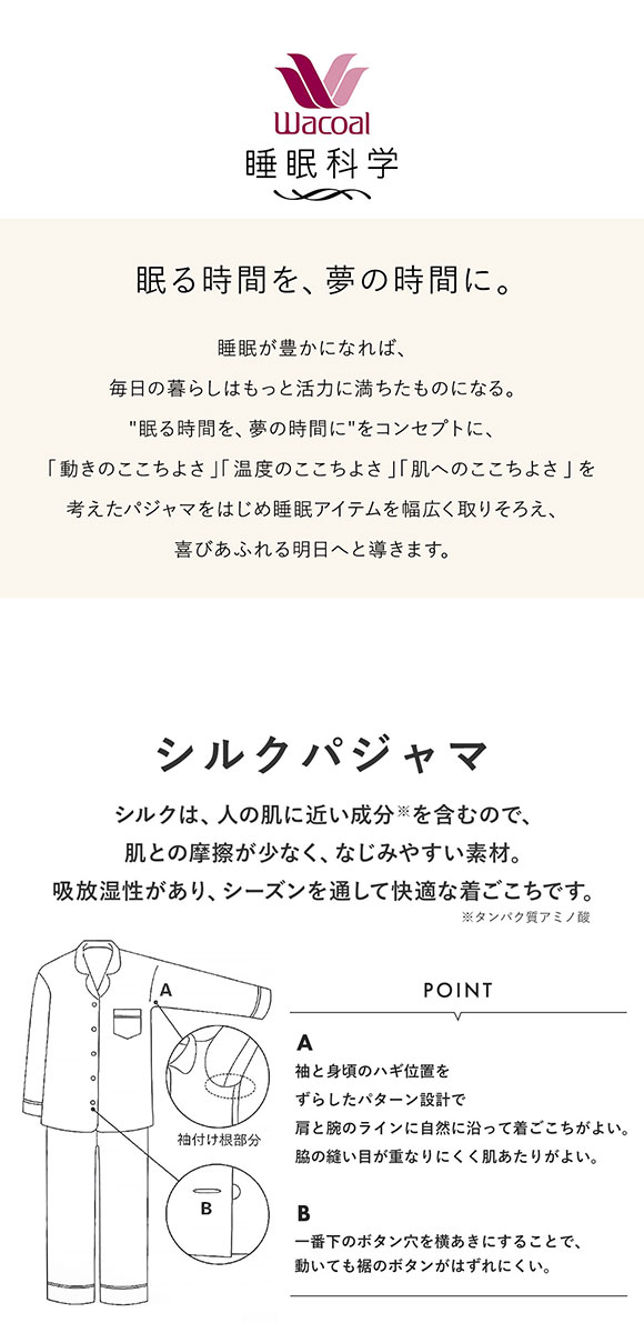 睡眠科学 ワコール Wacoal シルクサテン メンズ シャツパジャマ