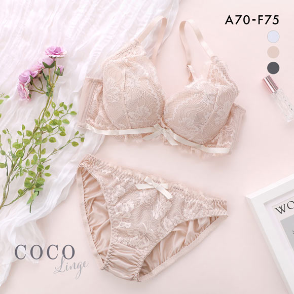 ココランジェ リボンレーシー ブラジャー ショーツ セット モールド 脇高 脇肉 レース 谷間  COCO Linge