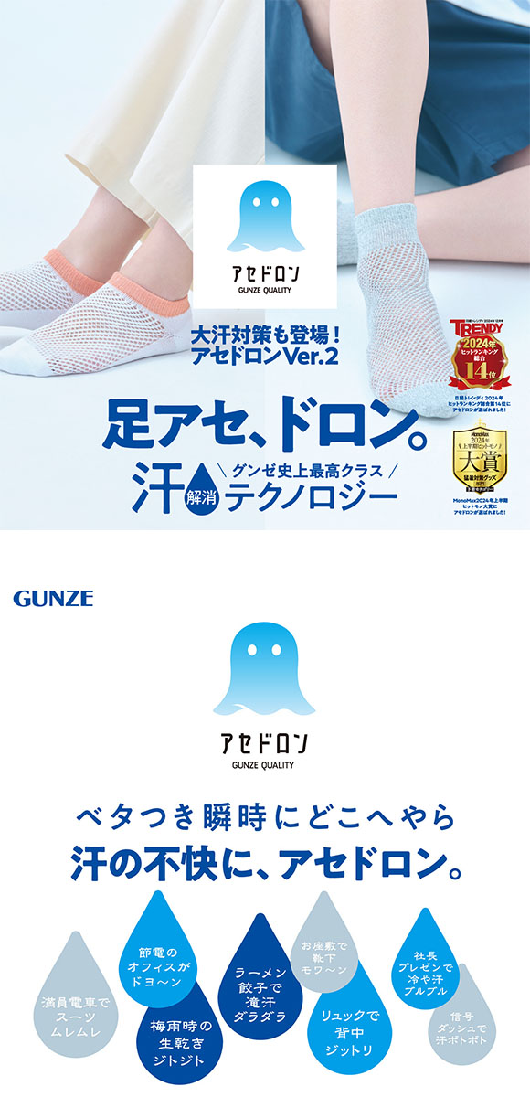 グンゼ アセドロン つま先切替 メガメッシュ スニーカー丈 ソックス メンズ 靴下 GUNZE 吸放湿 25-27cm