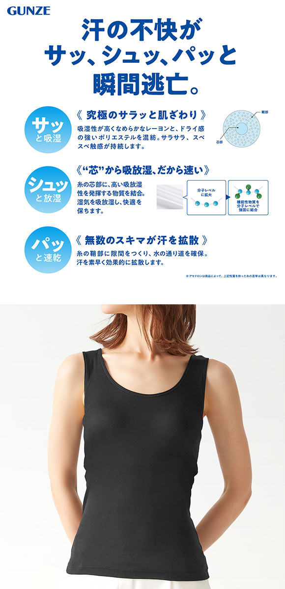 グンゼ GUNZE クールマジック COOLMAGIC アセドロン ブラタンクトップ カップ付き インナー レディース