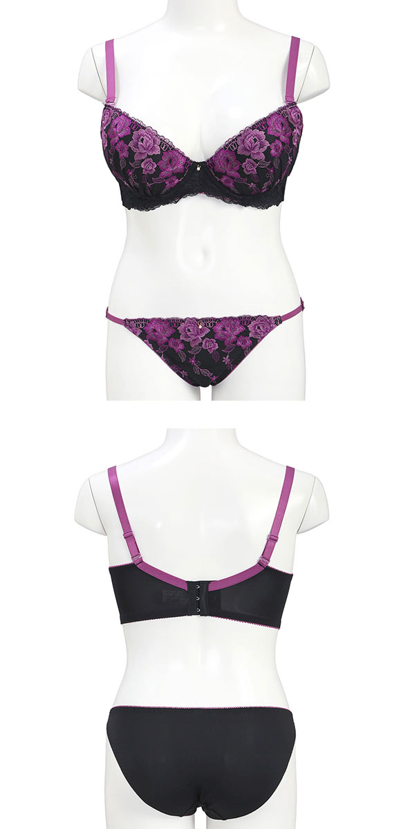 エレガント 脇肉を谷間に変える脇高ブラ フラワー刺繍レース ブラセット CDEF80-95 グラマー ブラジャー ショーツ セット Elegante