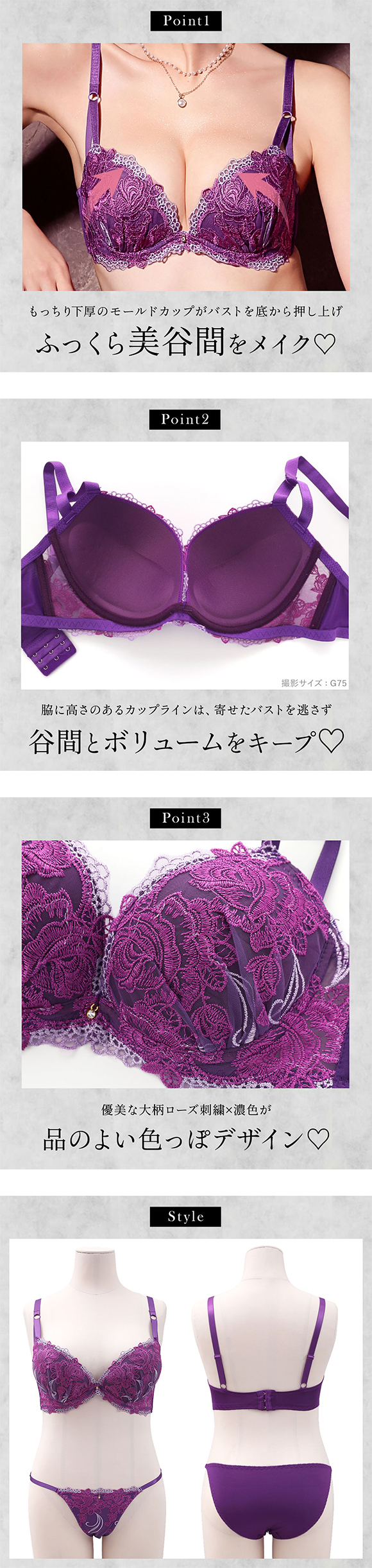 エレガント ラグジュアリーローズ ブラセット GHI65-95 大きいサイズ グラマー 脇高 谷間 寄せ 盛り胸 花柄刺繍 ブラジャー ショーツ セット Elegante