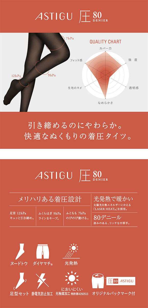 アツギ ATSUGI アスティーグ ASTIGU 圧 引き締める タイツ 80デニール 光発熱