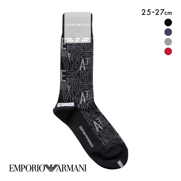 エンポリオ・アルマーニ EMPORIO ARMANI 定番マンガベア＆EAリンクス ブロック柄 クルー丈 メンズソックス 日本製 綿混 紳士