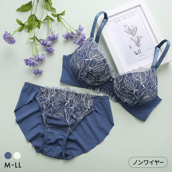 ルルモアナ 脇高フラワーレース ノンワイヤー ブラセット M L LL ブラジャー ショーツ セット ワイヤレス 大きいサイズ LULUMOANA