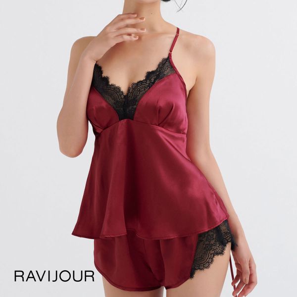 ラヴィジュール RAVIJOUR ブラックレースサテン セットアップ ルームウェア カップ付き パジャマ ランジェリー キャミソール