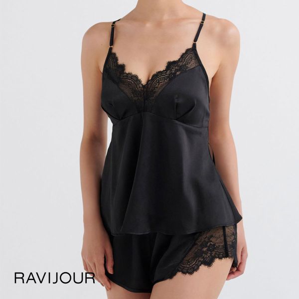 ラヴィジュール RAVIJOUR ブラックレースサテン セットアップ ルームウェア カップ付き パジ...