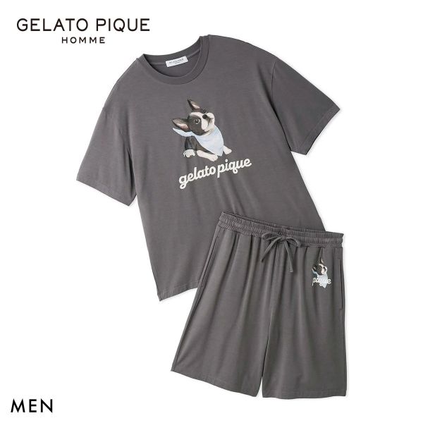 ジェラートピケ オム メンズ 接触冷感 レーヨンドッグワンポイントTシャツ＆ハーフパンツセット ジェラピケ ルームウェア 上下セット gelato pique HOMMEの画像