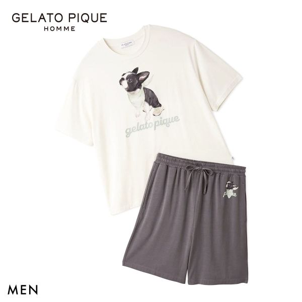 ジェラートピケ オム メンズ 接触冷感 レーヨンドッグワンポイントTシャツ＆ハーフパンツセット ジェラピケ ルームウェア 上下セット gelato pique HOMMEの画像