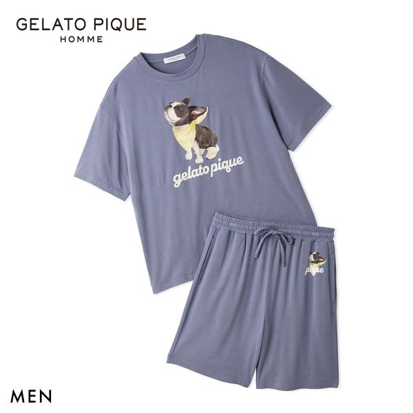 ジェラートピケ オム メンズ 接触冷感 レーヨンドッグワンポイントTシャツ＆ハーフパンツセット ジェラピケ ルームウェア 上下セット gelato pique HOMMEの画像