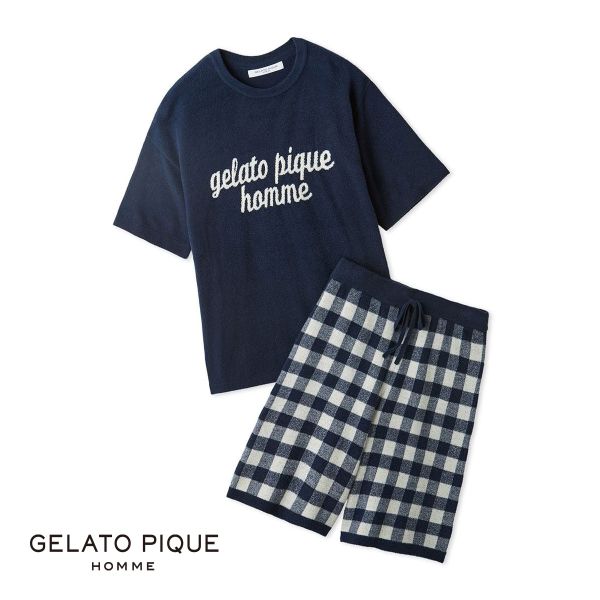 ジェラートピケ オム GELATO PIQUE メンズ HOMME ロゴプルオーバー＆チェックハーフパンツセット ジェラピケ パジャマ ルームウェア