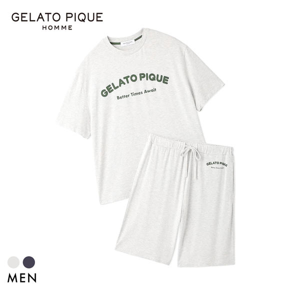 ジェラートピケ オム メンズ 接触冷感 カジュアルレーヨンロゴTシャツ＆ハーフパンツセット ジェラピケ ルームウェア gelato pique HOMME