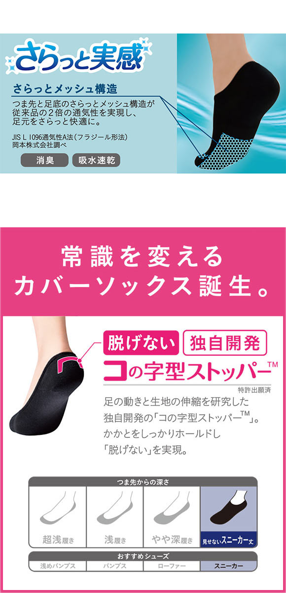 脱げないココピタプラス さらっと実感 見せないスニーカー丈 フットカバー 消臭 メッシュ 吸水速乾 ソックス 靴下 21-23cm 23-25cm