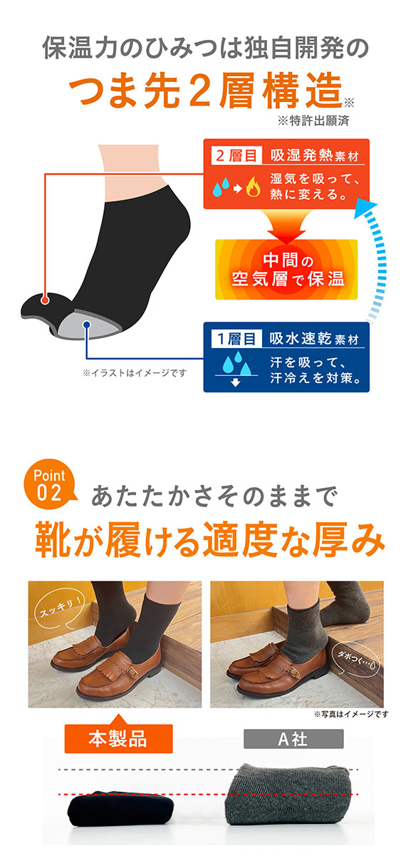 ココピタ あったか実感 ハイソックス丈 靴下 つま先が厚い あったかソックス 冷え対策 つま先二重 吸湿発熱 保温 レディース 通勤 通学