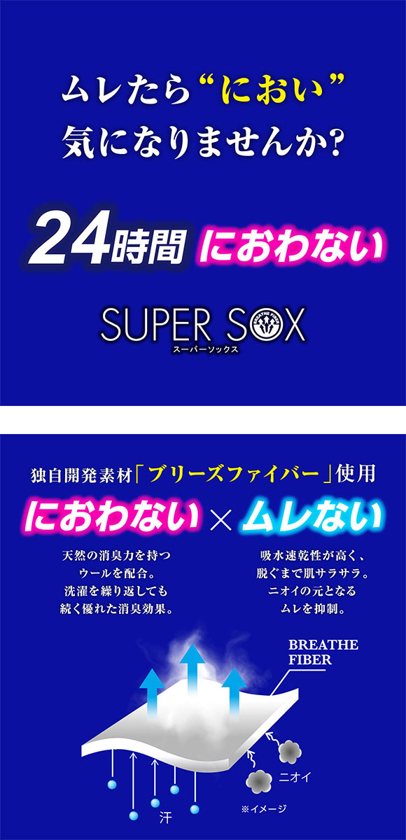 スーパーソックス SUPER SOX 3足組 リブ クルー丈ソックス ムレない におわない 靴下 24-26cm 26-28cm メンズ
