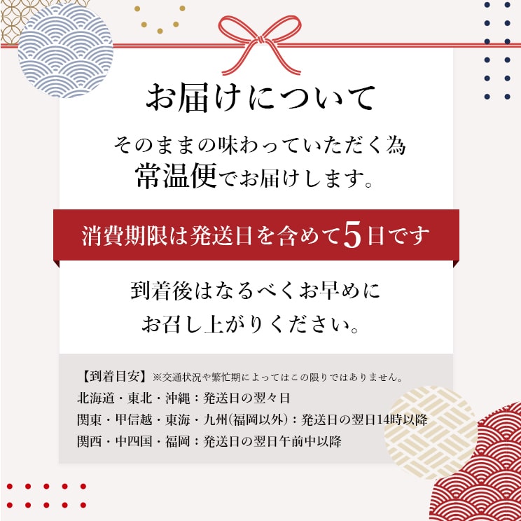 そのままの状態で味わっていただくため、消費期限は発送日を含めて5日です。