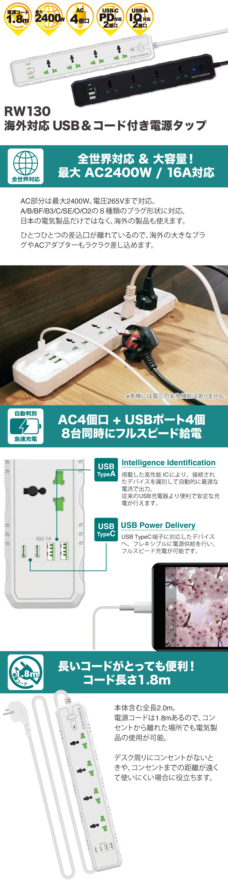 ROAD WARRIOR（ロードウォーリア） RW130 海外対応 USB&電源コード付