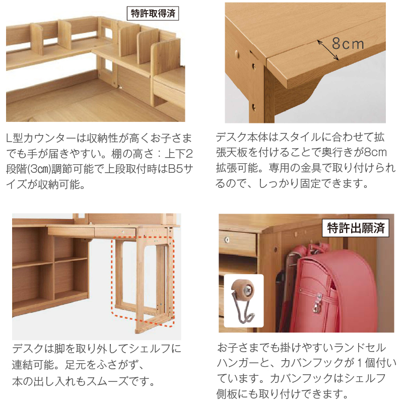 コイズミ WDスペシャル ナラ材 組み替え学習机 主機能と特徴