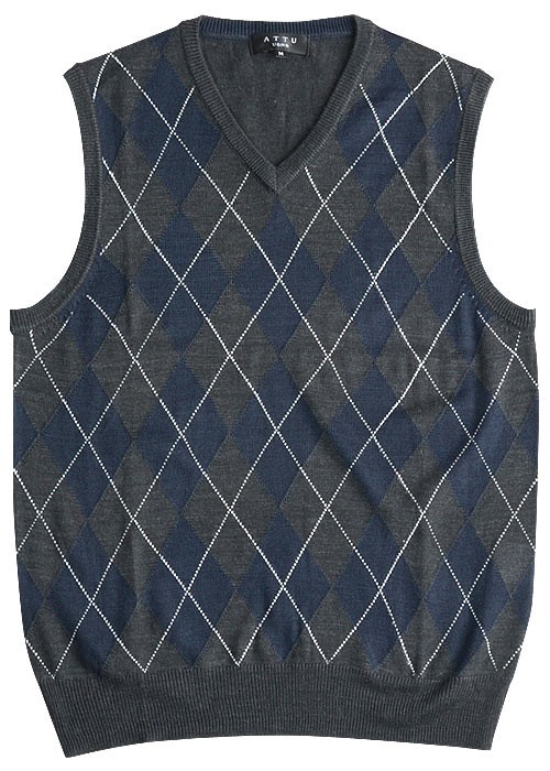 【美品】14G天竺×千鳥Vネックニットベスト　MENS M スーツスタイルMARUTOMI 前身切替 Vネック ニットベスト 天竺 柄物