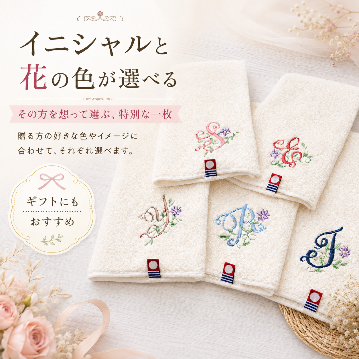 今治タオル 名入れ イニシャル 刺繍 花 お名前 ハンカチ お祝い お返し