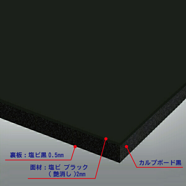 カルプボード黒10t 両面貼り合せ 面材 塩ビ ブラック(艶消し)2mm＋黒0.5mm　900X1800mm ●業務用