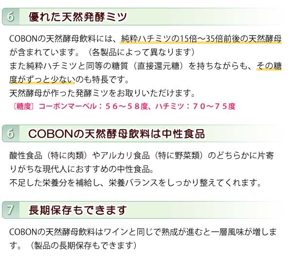 COBONの天然酵母飲料には、純粋蜂蜜の15倍〜35倍前後の天然酵母が含まれています。