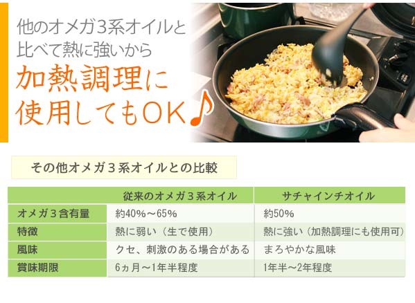 他のオメガ３系オイルと比べて熱に強いから加熱調理に使用してもＯＫ！他のオメガ３系オイルとの比較