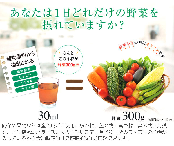 70種類以上の植物原料から抽出される植物酵素、ビタミン、ミネラル、アミノ酸！大和酵素セイエイ30mlで野菜300g分を摂取できます！