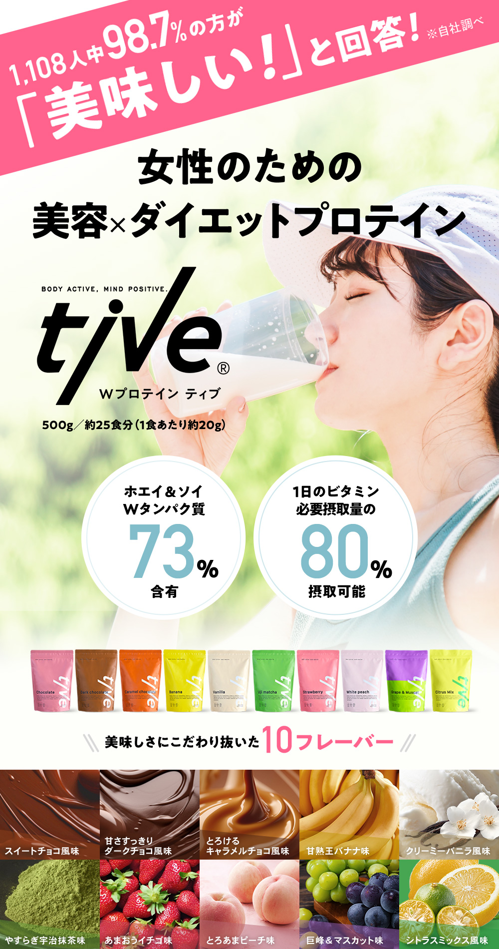 【甘熟王バナナ味】プロテイン 500g tive ティブ Wプロテイン ホエイプロテイン+ソイプロテイン 国内製造 乳酸菌入り 高タンパク 低糖質  置き換え ダイエット WPC製法 美容 ヘルシー 訳あり(簡易梱包)