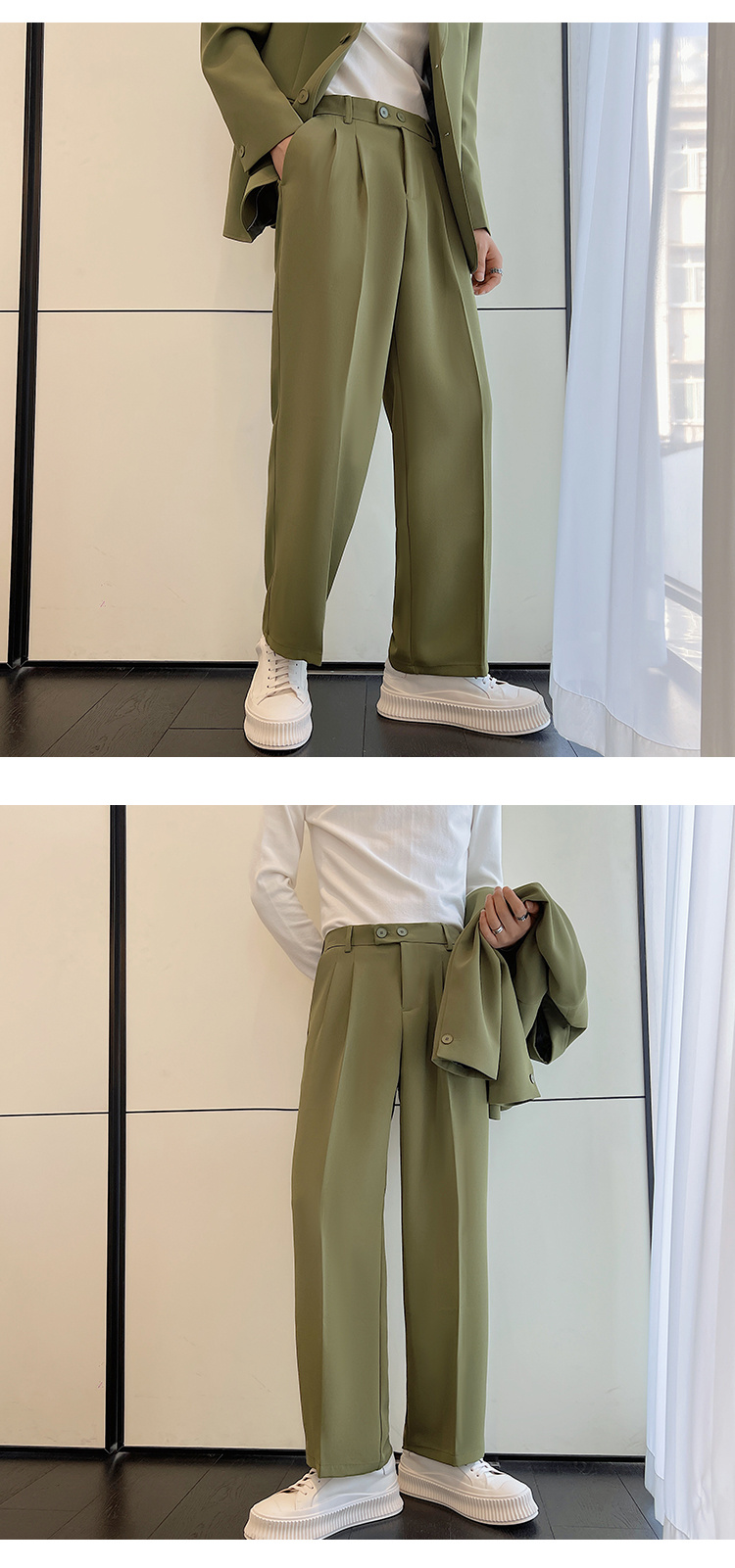 緑のジャケットとベージュパンツセット セットアップ メンズ スーツ テーラードジャケット パンツ シンプル