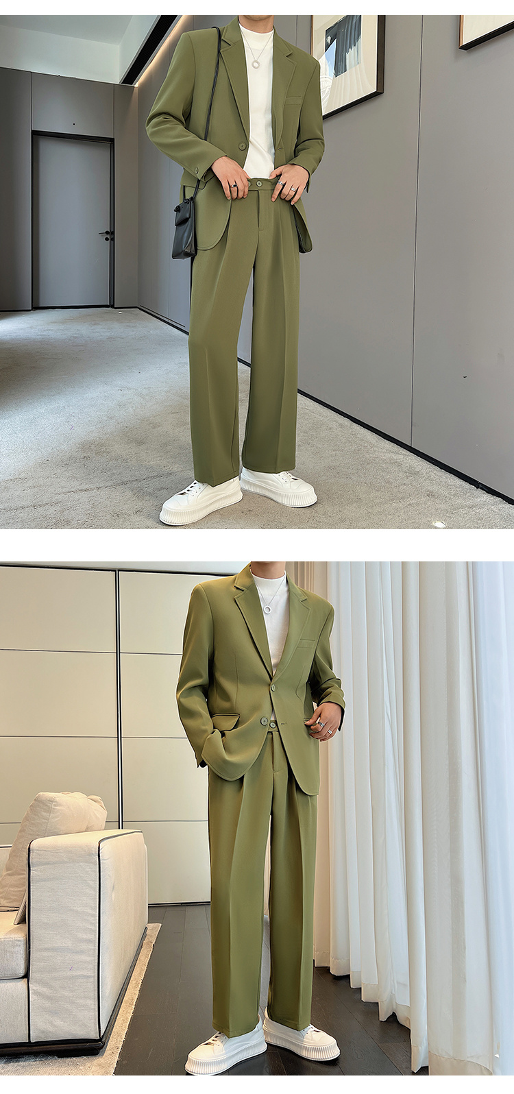 緑のジャケットとベージュパンツセット セットアップ メンズ スーツ テーラードジャケット パンツ シンプル