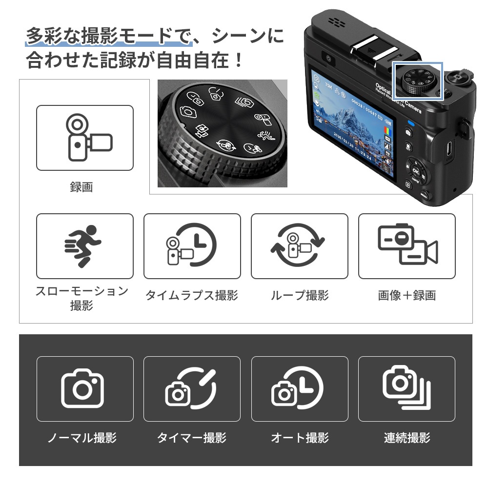 デジカメ WIFI対応 12倍光学ズーム カメラ 4K 7500万画素数 マクロ