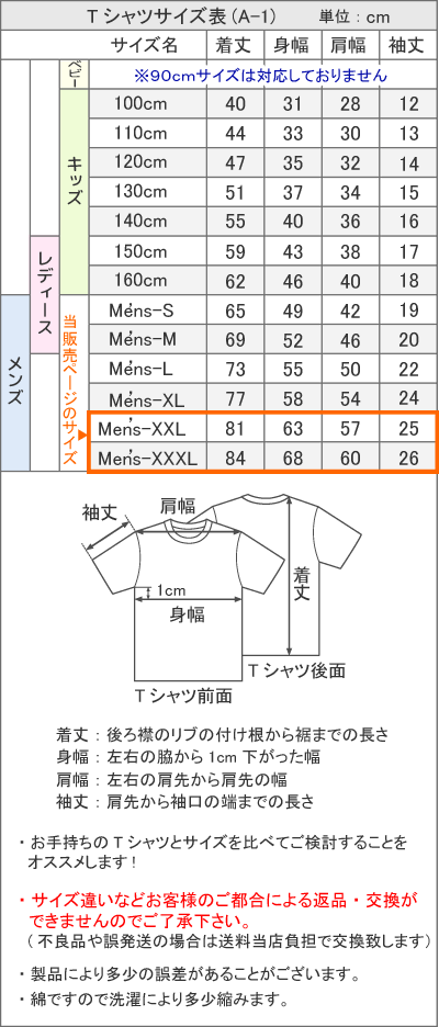 Tシャツサイズ表A-1