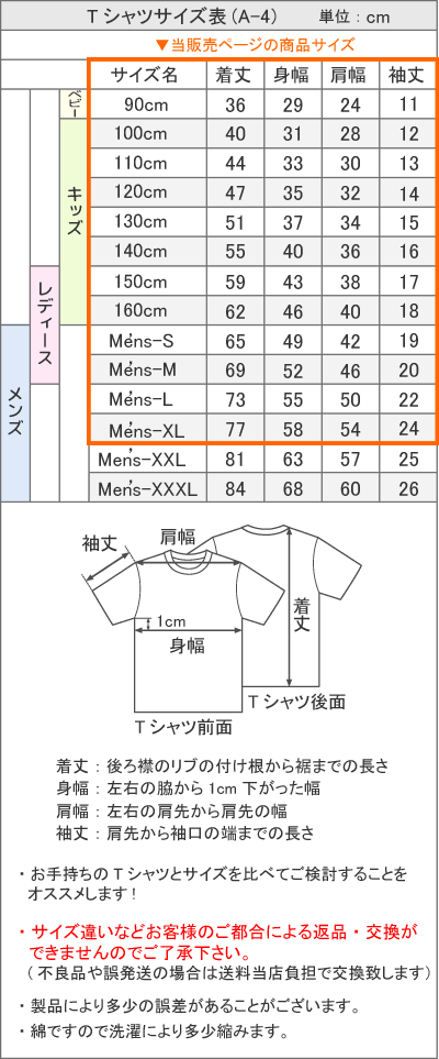 Tシャツサイズ表A-4