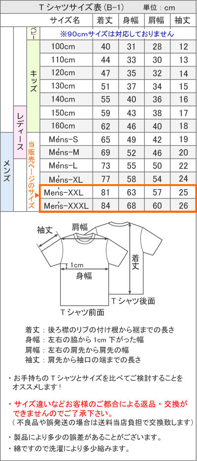Tシャツサイズ表A-1