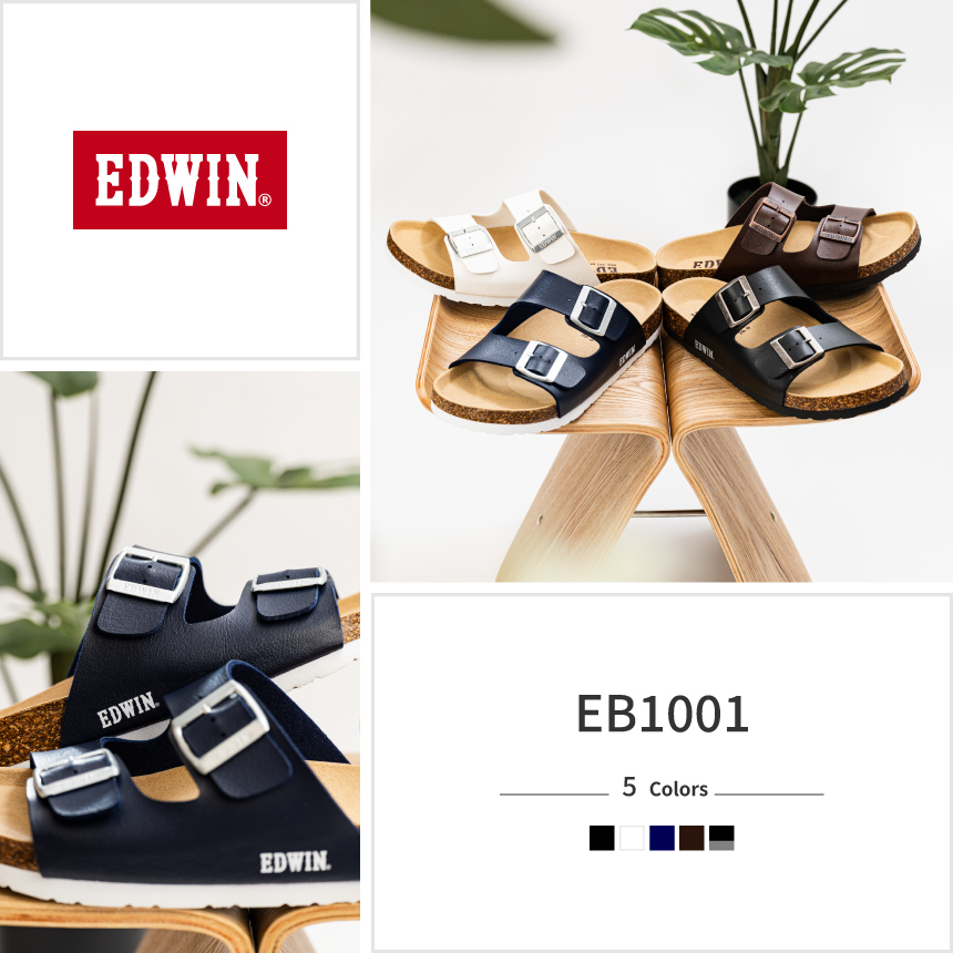 エドウィン EDWIN サンダル メンズ EB1001 スライドサンダル ダブルストラップ ブラック ホワイト ネイビー 天然コルク 父の日 ギフト