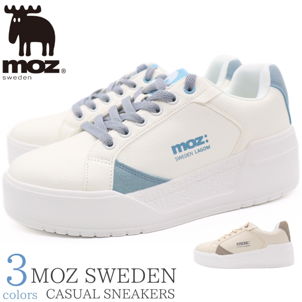 moz（モズ） スニーカー レディース 靴 白 ホワイト ブルー くすみ