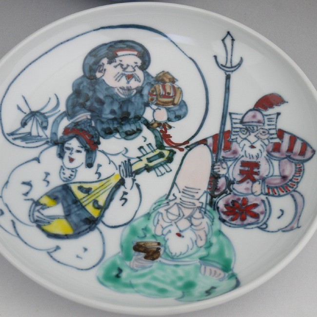 清水焼　酒器　七福神絵 美品 九谷焼 酒器 七福神 組盃 竜昇造 お猪口 金彩と絵付けが