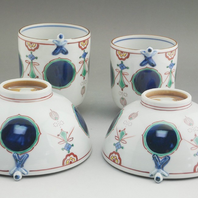 京焼 清水焼 丸紋瓔珞一閑人夫婦湯呑と夫婦茶碗セット 紫峰 : 松韻堂