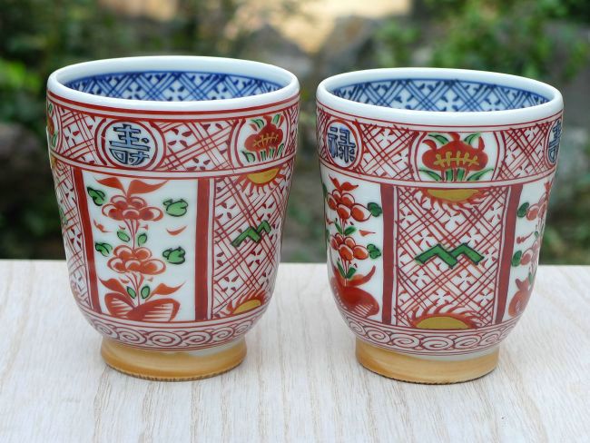 京焼 清水焼 赤絵福禄寿夫婦湯呑み : 松韻堂 Yahoo!店 - 通販 - Yahoo