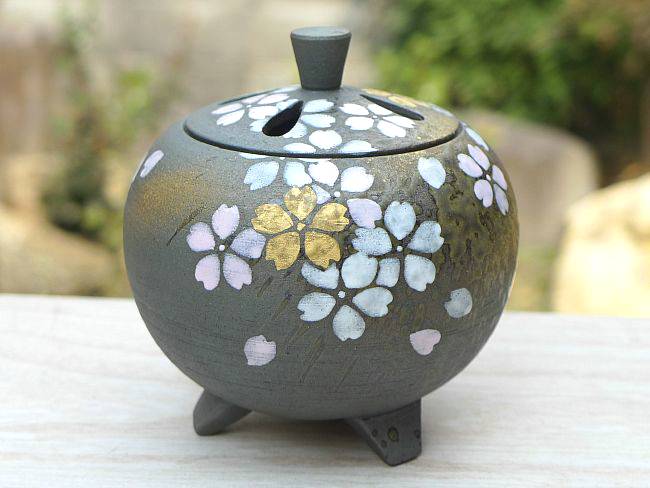 絶品！清水焼香炉★手描きオーダー発注品◆黒地×月下美人 絶品！清水焼香炉☆手描きオーダー発注品◇黒地×月下美人