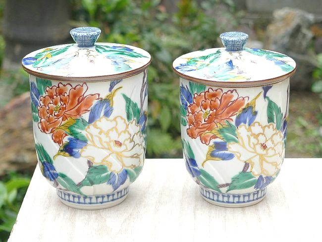 京焼 清水焼 色彩牡丹夫婦湯呑 蓋付 : 松韻堂 Yahoo!店 - 通販 - Yahoo