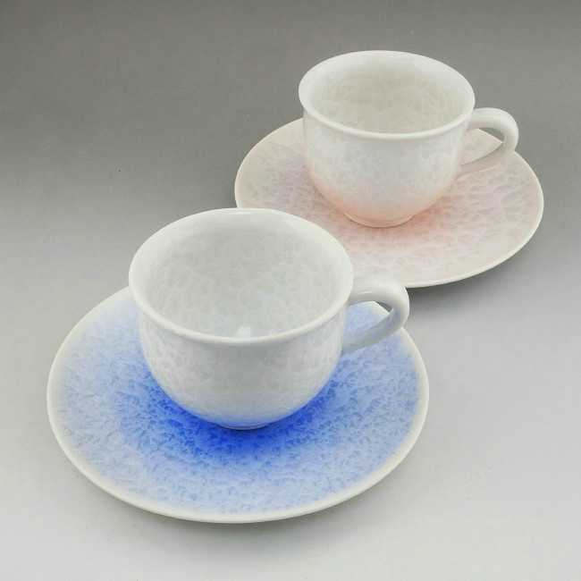 京焼 清水焼 花結晶ペアカップ＆ソーサー 白地青赤 陶あん : 松韻堂