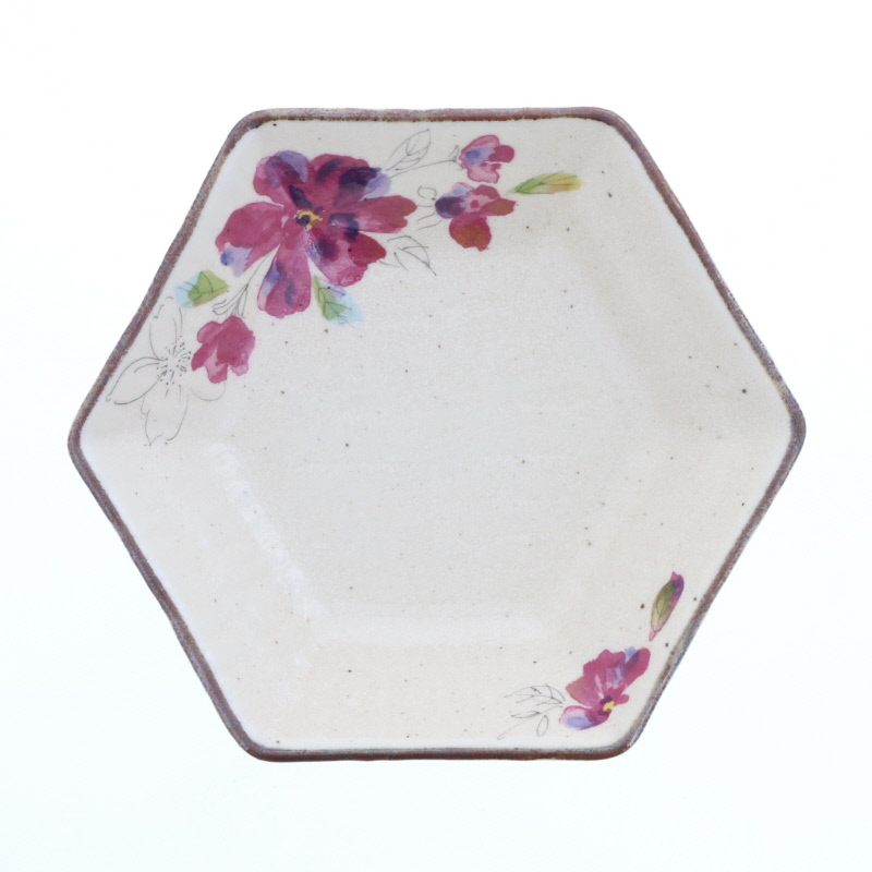 六角鉢 16.5cm 花模様 赤 正面