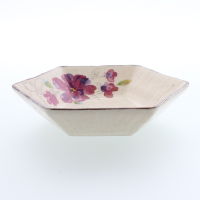 六角鉢 16.5cm 花模様 赤 側面 深さ