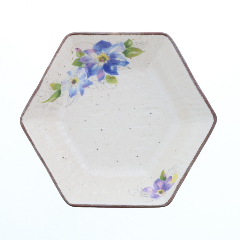 六角鉢 16.5cm 花模様 青 正面