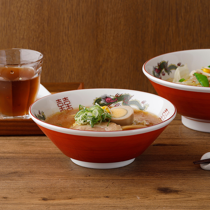 中華ラーメンどんぶり 20cm 910cc 切立 赤巻龍 丼ぶり鉢 どんぶり 丼