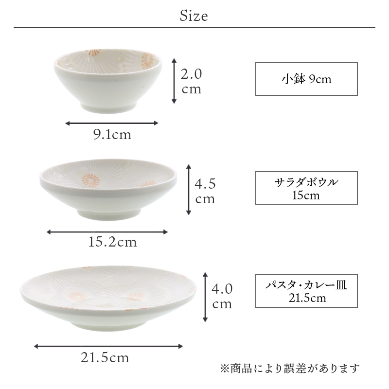 パスタ・カレー皿 21.5cm 深皿 ピュアハート シリーズのサイズ比較